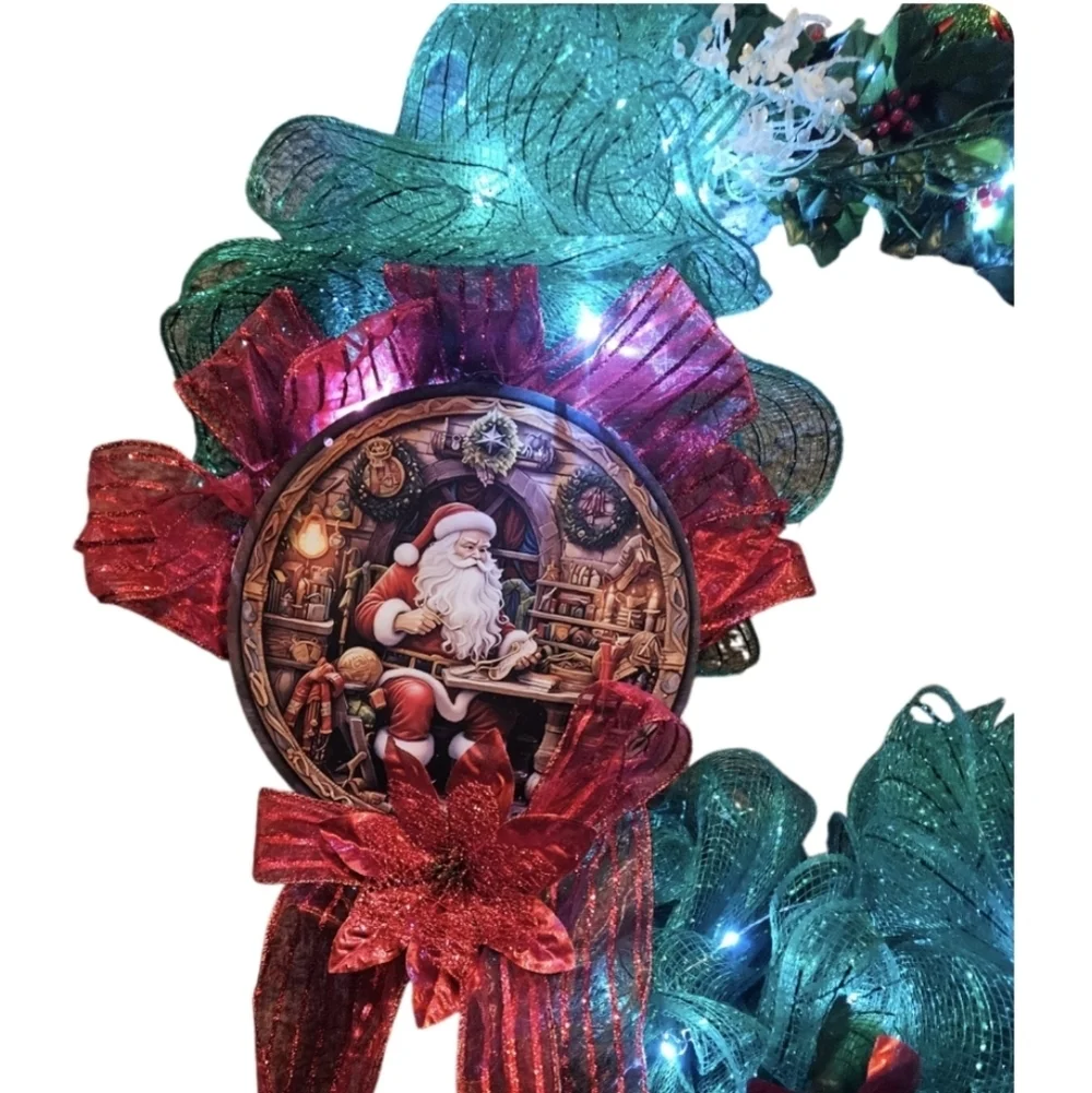 Hand Crafted GreenHandmade Holiday Wreath Santa's Wall Door decor String Lights